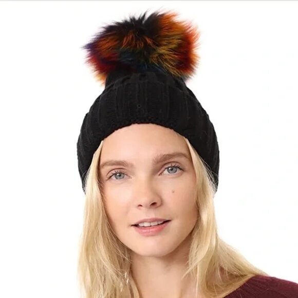 jocelyn ribbed knit black beanie with rainbow faux fur pompom NWT main image 5